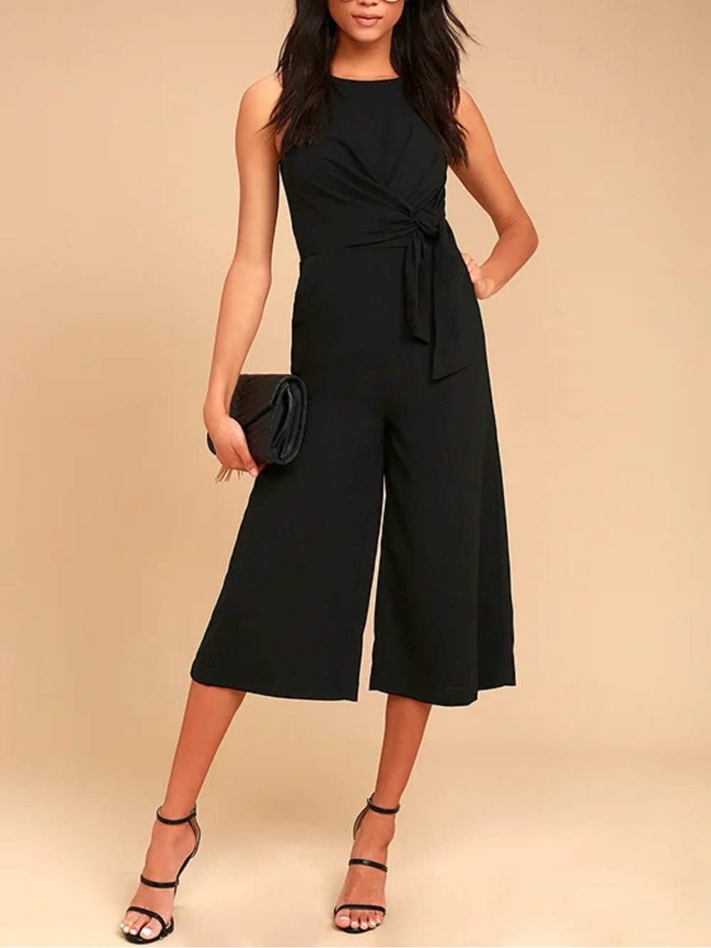 Lulu's Black Sleeveless Tie-Waist Culotte Jumpsuit
